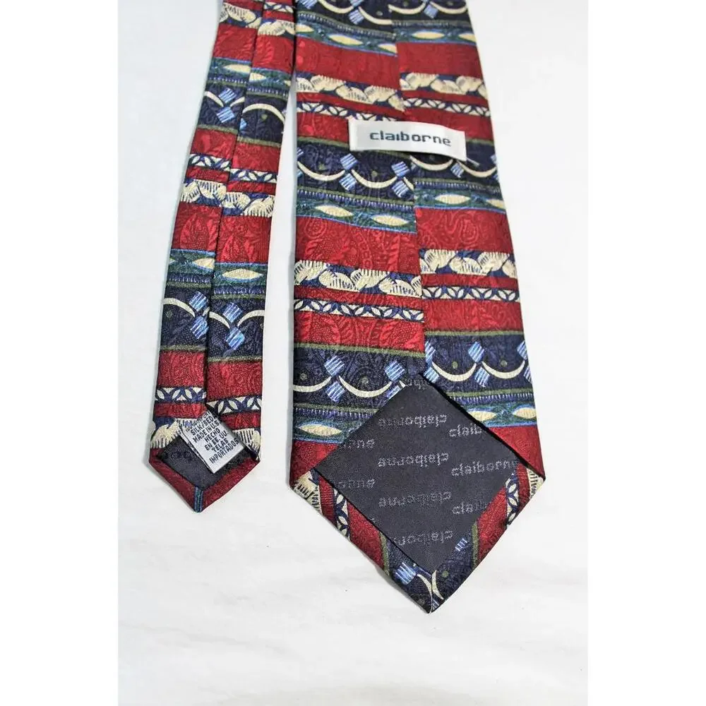 Vintage CLAIBORNE Silk Necktie, Maroon, Blue , Off-White, 4 X 58 Inches